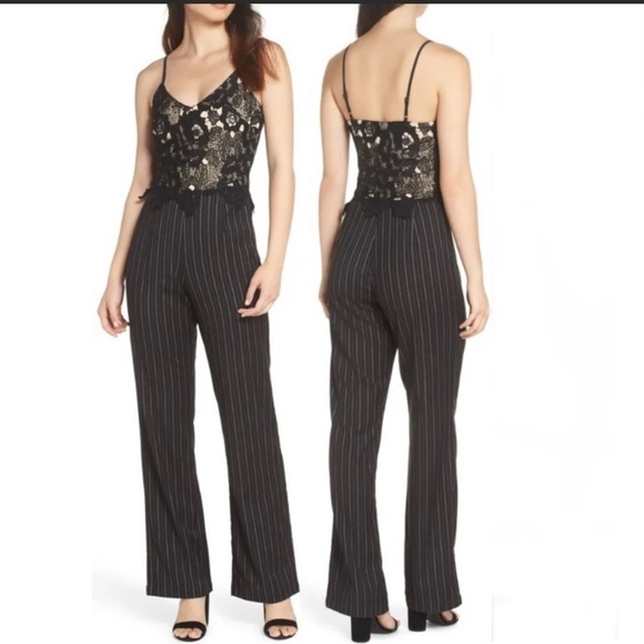 NWT HEARTLOOM x REVOLVE Mona Lace Pinstripe Wide Leg Jumpsuit, Size Large - Picture 2 of 8